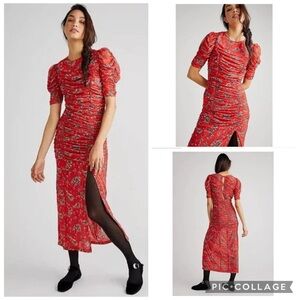 Free People Briell Red Combo Floral Ruched Side Slit Midi Dress Size S